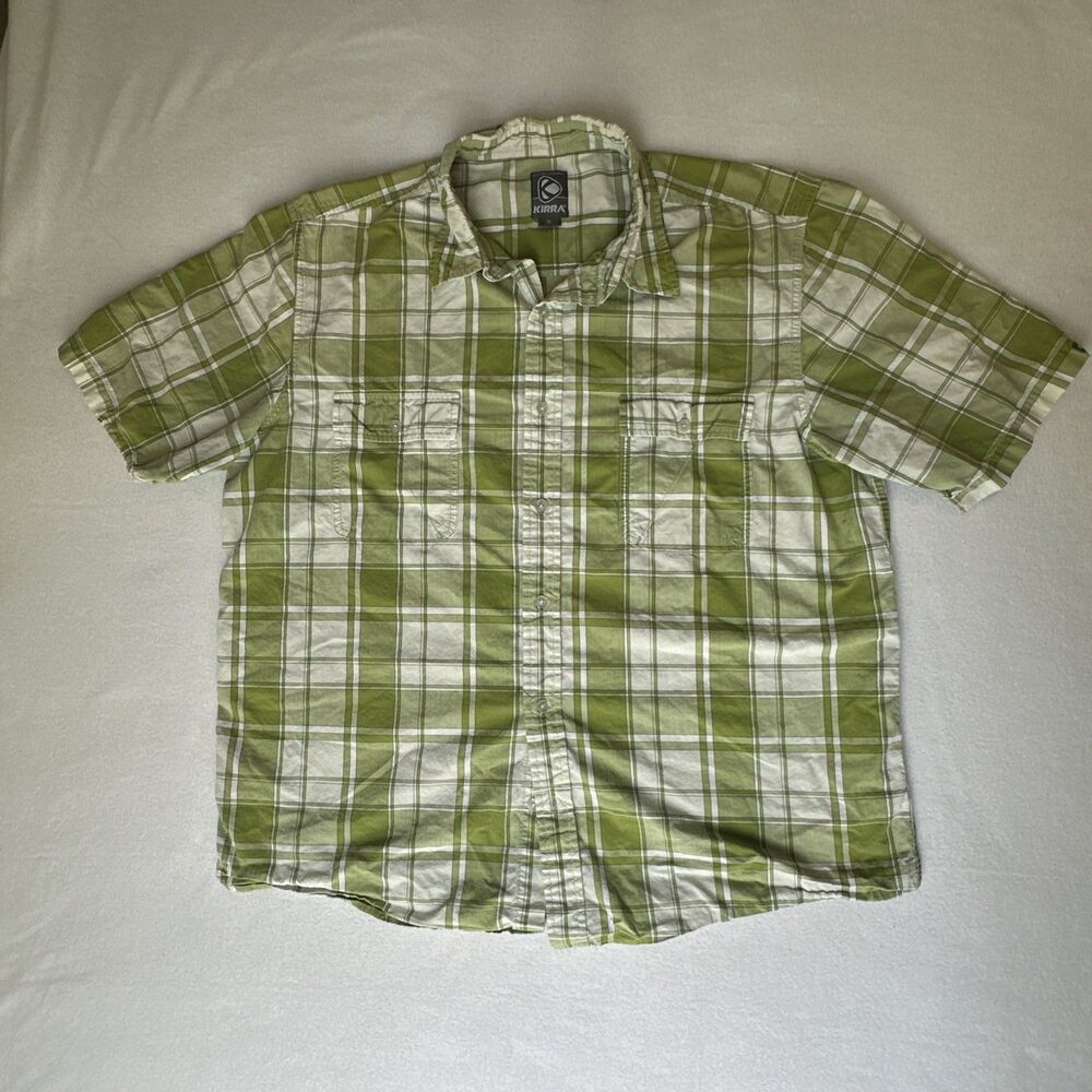 Kirra Mens XL Short Sleeve Button Up Shirt Green White Plaid Casual Surf Flannel